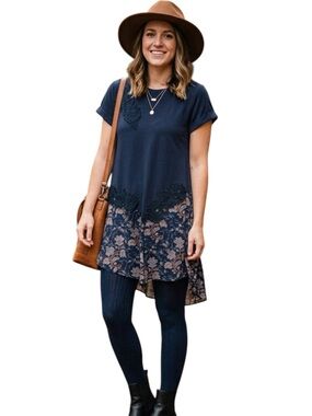 Cottagecore Lace Floral Tunic Mini Dress Anthropologie Navy XS